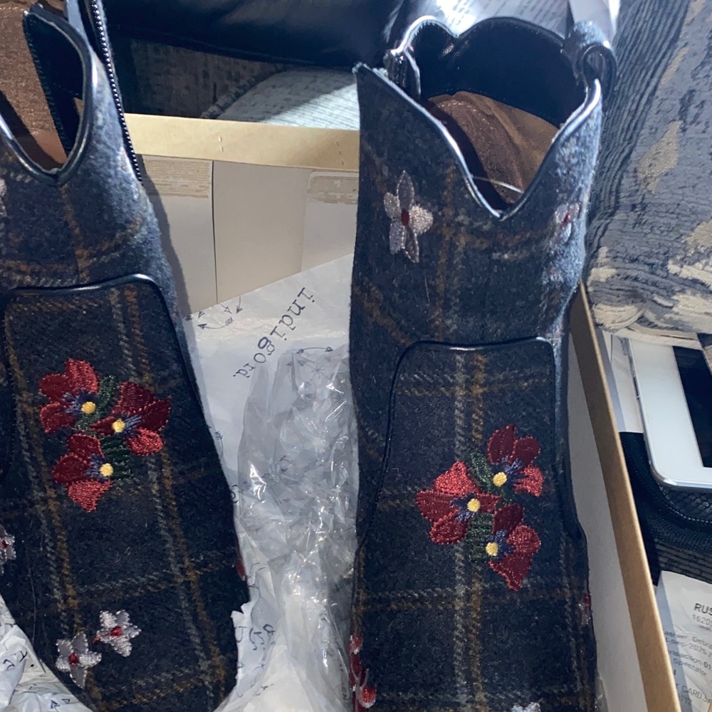 Indigo Plaid Ankle Boots with Floral Embroidery